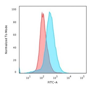Flow Cytometric Analysis of paraformaldehyde-fixed Jurkat cells using CD28 Mouse Monoclonal Antibody (C28/76) followed by CF®488A goat anti-mouse IgG (Blue); Isotype control (Red).