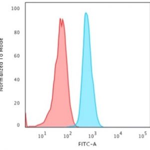 Flow Cytometric Analysis of PFA-fixed HeLa cells. Cytokeratin 15 Mouse Monoclonal Antibody (KRT15/2958) followed by CF®488A goat anti-mouse IgG (Blue); Isotype Control (Red).